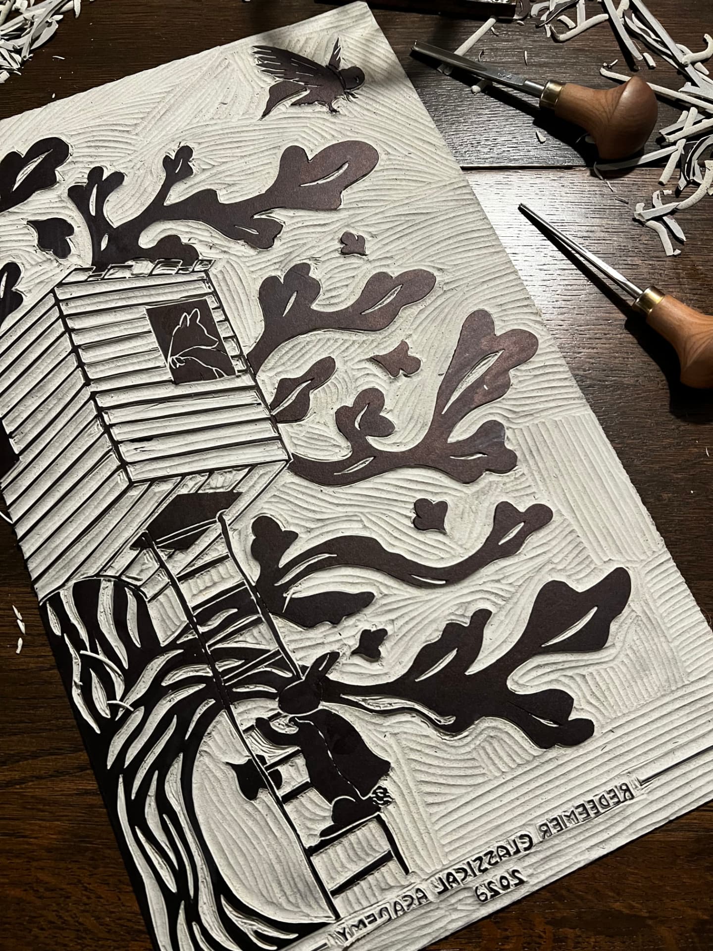 Hand-carved block for the 11x14 Treehouse print